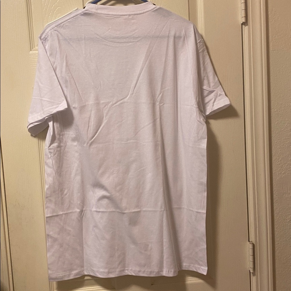 White T-Shirt with Corning Ware Blue Cornflower Design on Front - Picture 3 of 3